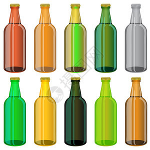 一组彩色啤酒瓶在白背景上隔离图片