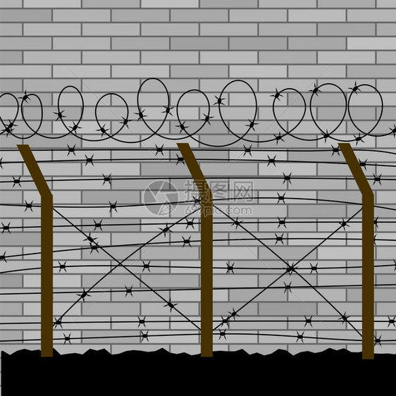 灰砖墙背景上的BarbedWirFences图片