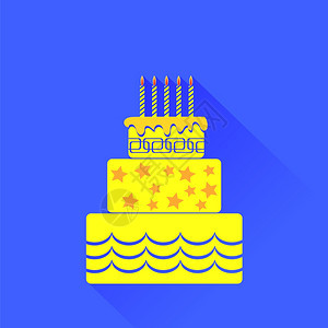 矢量黄色生日蛋糕图标孤立于蓝色背景矢量黄生日蛋糕图标图片