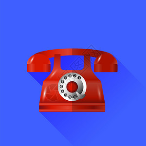 蓝色背景上孤立的向量旧经典红电话图标图片