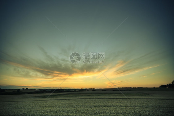 夜晚风景美丽的黄色日落或夏草原的出图片