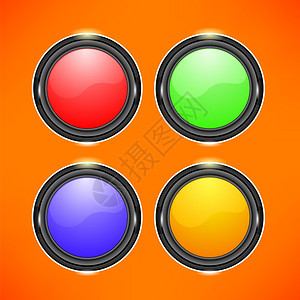 色彩多的按钮在橙色背景上孤立的一组色彩多按钮图片