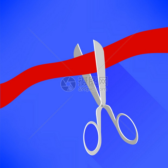 剪刀切红丝带在蓝背景长影剪刀切红丝带图片