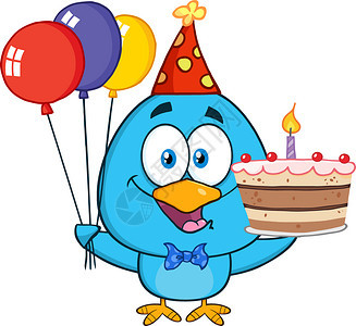 可爱的蓝鸟举起多彩气球生日蛋糕和图片