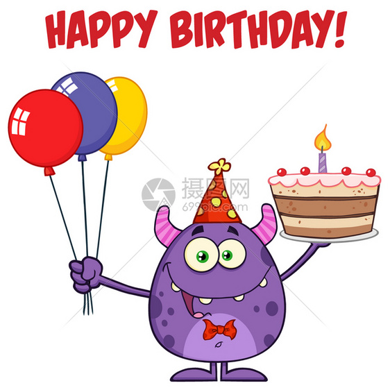 可爱的怪兽拿着多彩气球和生日蛋糕图片