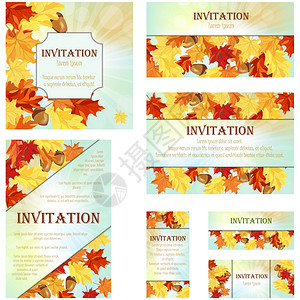 不同大小和格式的一套邀请卡优雅的秋天设计配有芒果和橡树叶用太阳束覆盖天空的橡子矢量说明图片