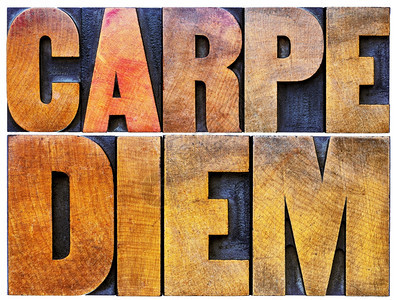 CarpeDiem过着为时已晚的生活Horace的生存警告拉丁语词句由彩色墨水沾染的旧式纸质印刷木材型板中的孤立文字图片