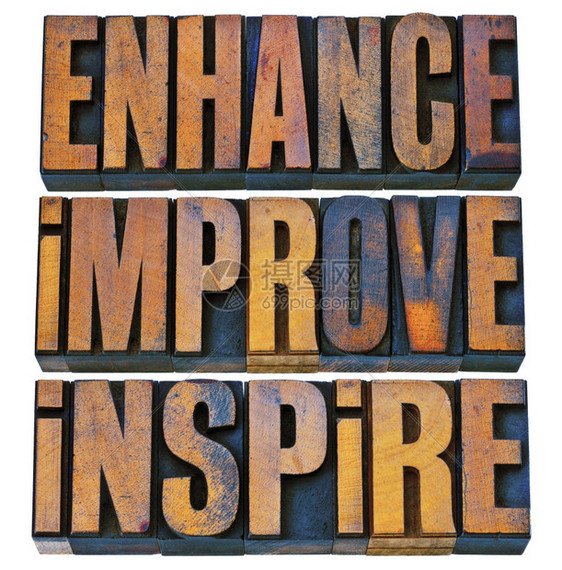 强化改进激励在旧印刷纸质木材型块中拼贴孤立的激励词图片