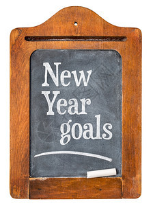 新年目标在生锈木框中用小旧板黑图片