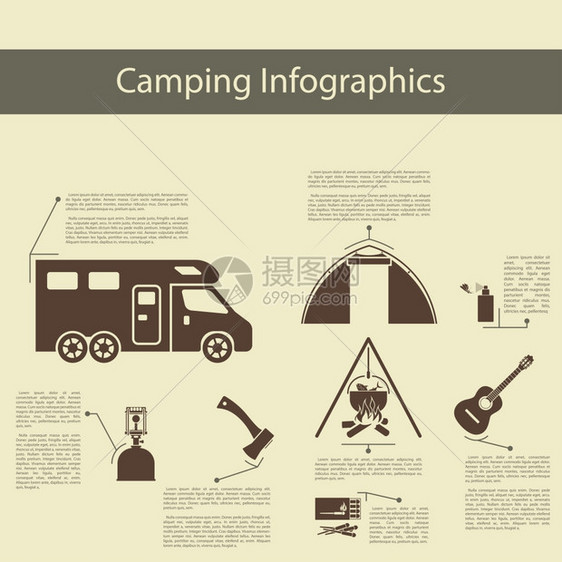 用拖车帐篷燃气灯火柴吉他和抗吸附喷雾进行营植成形图优雅的平板设计风格矢量I说明图片
