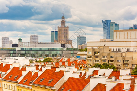波兰华沙老城文化和科学宫摩天大楼空中视图图片