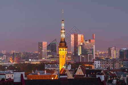 夜间空中城市风景爱沙尼亚塔林背景中的旧市政厅和现代办公大楼摩天图片