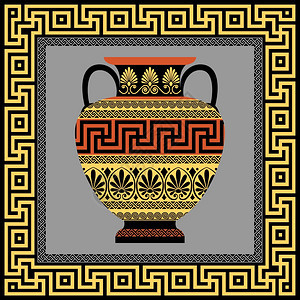 带有希腊装饰的Meander带有传统古金方形希腊装饰的Meander和带有金黑模式的Amphora的矢量框图片