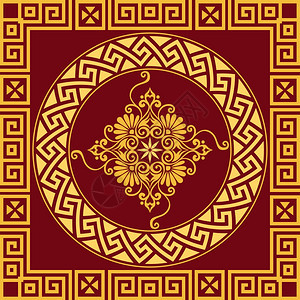 传统古金圆环希腊装饰Meander和红色背景的花粉模式图片
