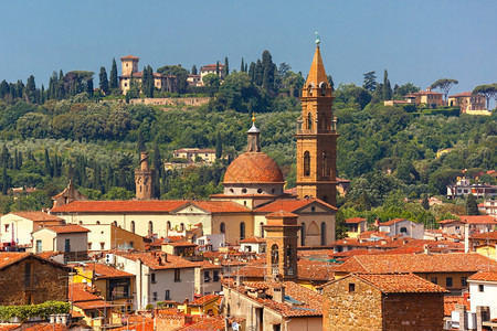OltrarnoGiardinoTorrigiani和圣灵教堂的景象早上从意大利托斯卡纳佛罗伦萨的PalazzoVecchioP图片
