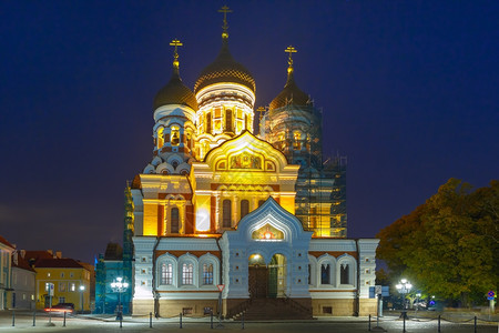 俄罗斯东正教亚历山大内夫斯基教堂夜间照明爱沙尼亚塔林图片