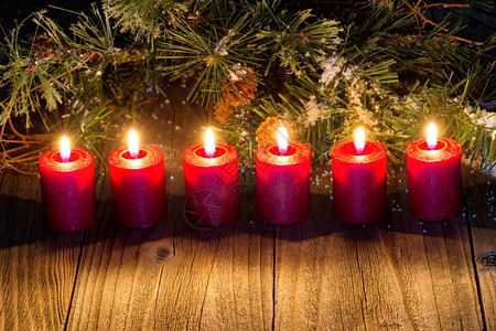 蜡烛树燃烧红蜡烛雪覆盖常青和生林背景