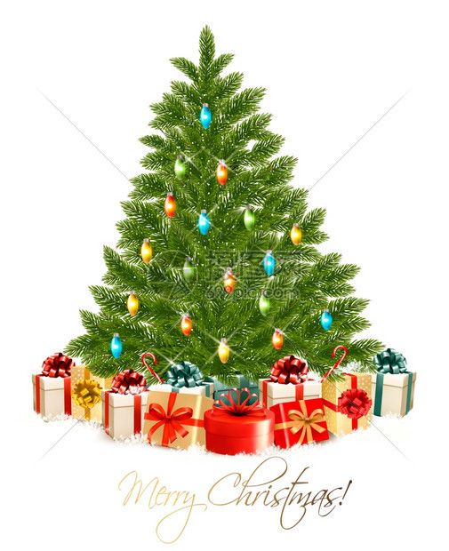 圣诞卡快乐树和礼物盒图片