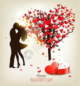 ValentiersDay背景带有亲吻情侣的双影心形树和一个盒子矢量图片