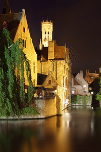 比利时布鲁日的运河和房屋夜景图片