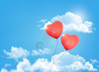 蓝色天空中的心形气球矢量背景图片