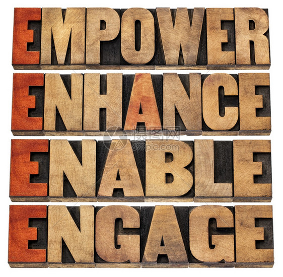 增强扶持和参与激励领导和商业概念用红色墨水沾染的纸质木柴型单词拼贴图片