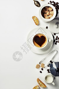 Espresso咖啡牛奶和白糖的顶端视图背景带有文本空间图片