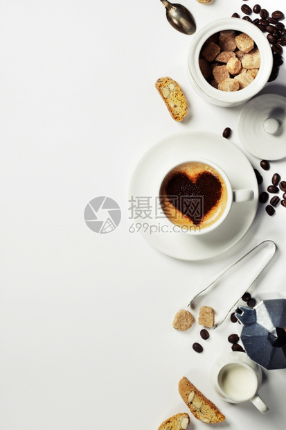 Espresso咖啡牛奶和白糖的顶端视图背景带有文本空间图片