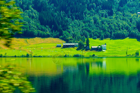 挪威住宅在山中美丽的峡湾风景在挪威斯堪的纳维亚图片