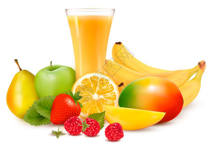 彩色新鲜水果和果汁矢量插图图片