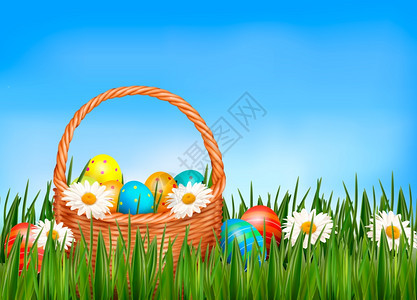 复活节背景鸡蛋和鲜花草地里有篮子向量图片