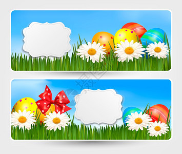 复活节横幅上面标有复活节鸡蛋和多彩鲜花矢量插图图片