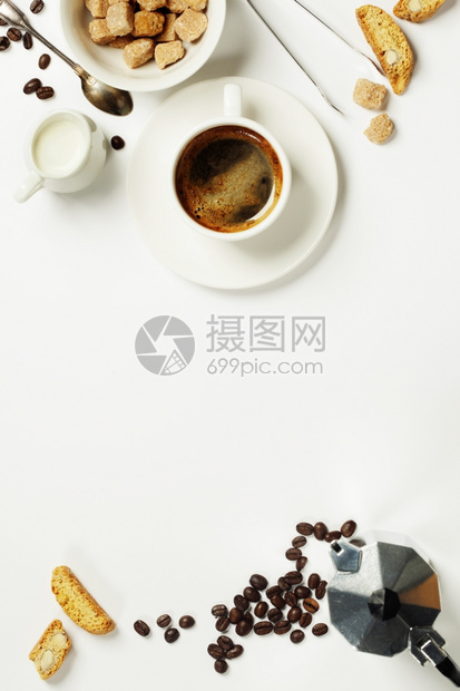 Espresso咖啡牛奶和白糖的顶端视图背景带有文本空间图片