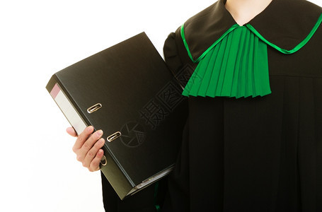 年轻女律师身着古典黑绿礼服有档案文件夹或白背景孤立的档案图片