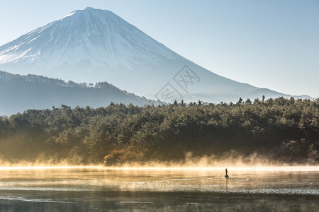 冬日出的藤山saiko湖图片