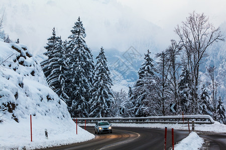 冬季山区公路地貌公路和树上覆有雪的木图片