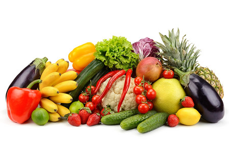白上隔离的新鲜水果和蔬菜高清图片