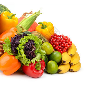 水果和蔬菜在白的篮子里图片