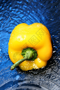 黄胡椒在蓝色背景和有水的蓝色背景上贴黄胡椒图片
