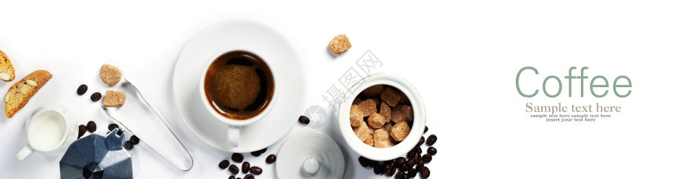 Espresso咖啡牛奶和白糖的顶端视图图片