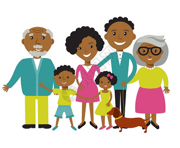祖人民大会堂由六名成员组的非洲裔美国人幸福家庭父母子女祖及其狗
