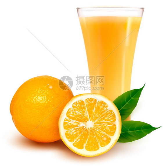 新鲜橙子和玻璃加果汁矢量插图图片