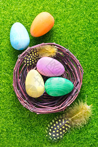 俯视图绿草坪上鸟窝里装着彩色鸡蛋和羽毛图片