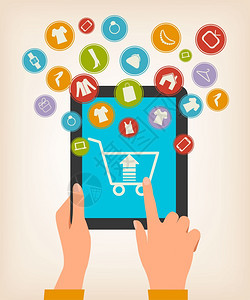电子购物概念手触摸有购物图标的平板电脑矢量背景图片