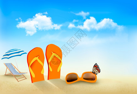 滑坡太阳镜沙椅和海滩上的蝴蝶暑假背景矢量图片