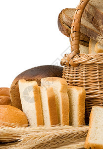 餐桌上的一套面包产品在白色上隔离图片