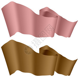 风中飘动的旗子粉和棕丝带孤立于白背景上两条水平曲线宽幅粉和棕丝带图片
