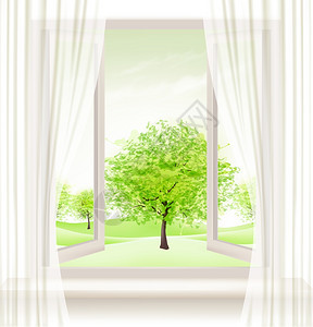 拉开窗帘绿树矢量背景图片