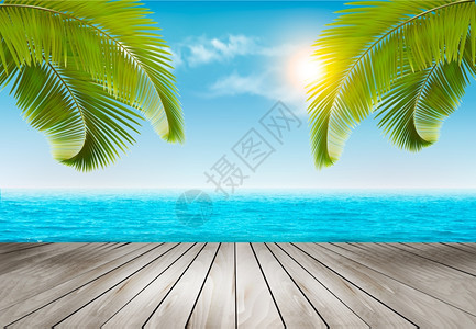 棕榈树下蓝色大海矢量背景图片