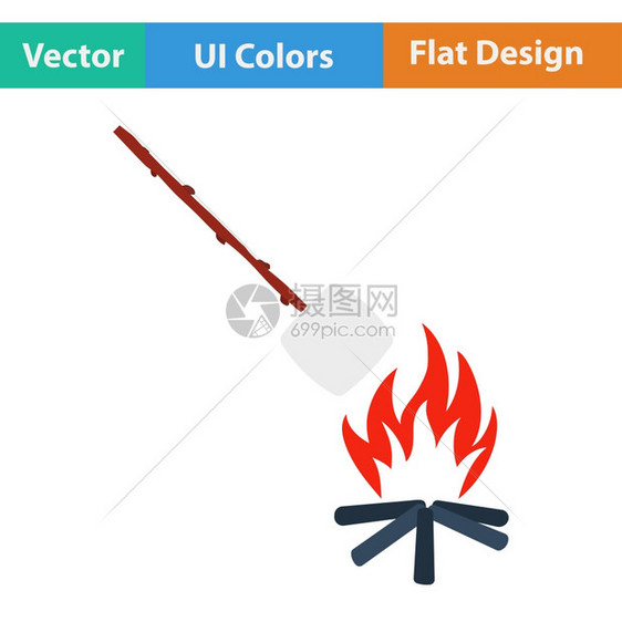 用烤棉花糖做成紫色的野营火平板设计图标矢量插图片